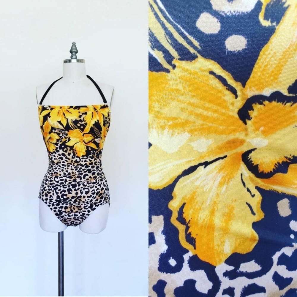Elisabeth Stewart Strapless Floral & Leopard Print One Piece Retro Swim Suit 80s